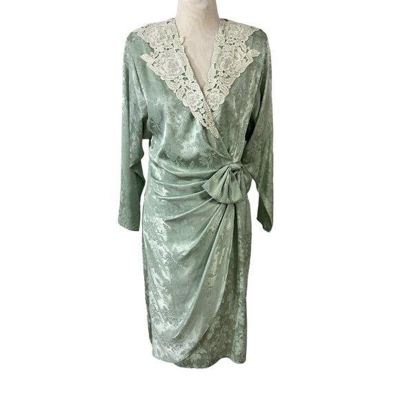 Scott McClintock Dress Green Damask Jacquard Lace Collar Size 10 Vintage 1980s - Picture 4 of 10